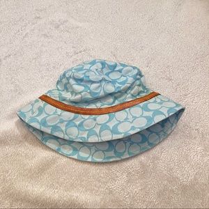 COACH baby blue logo bucket hat with leather trim
